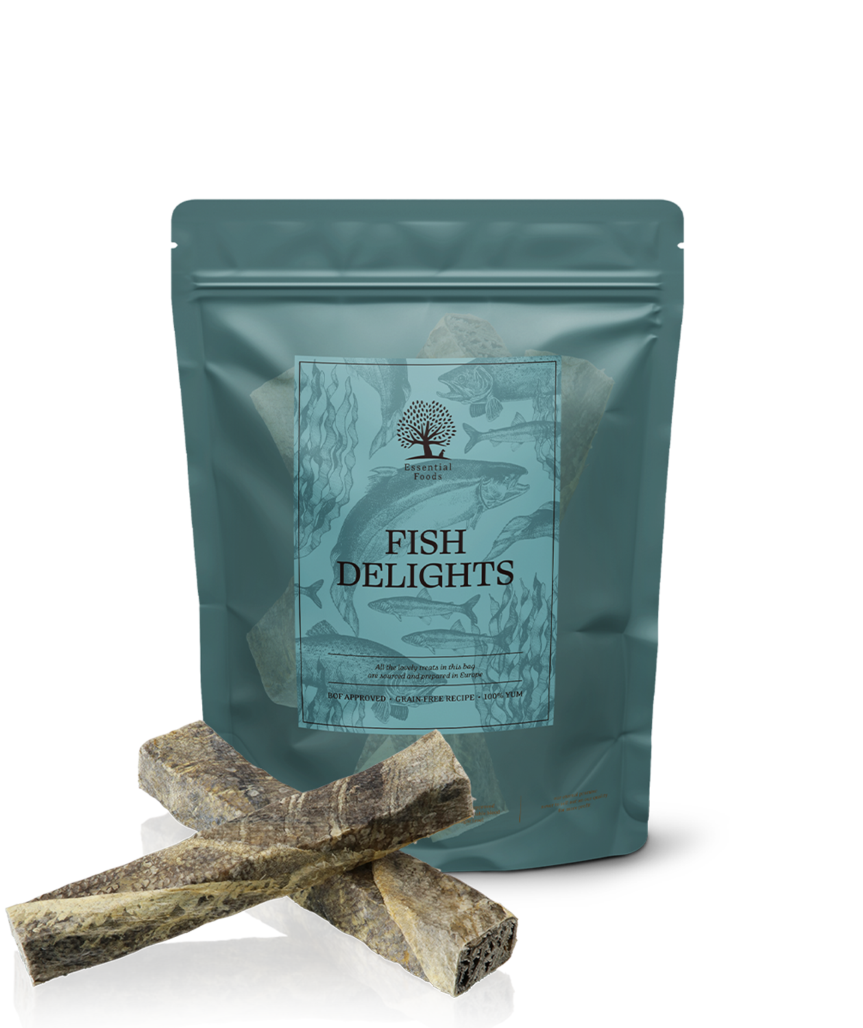 ESSENTIAL Small Cod Fish Delights natuurlijke hondensnack van 100% gedroogde kabeljauwhuid voor kleine honden.