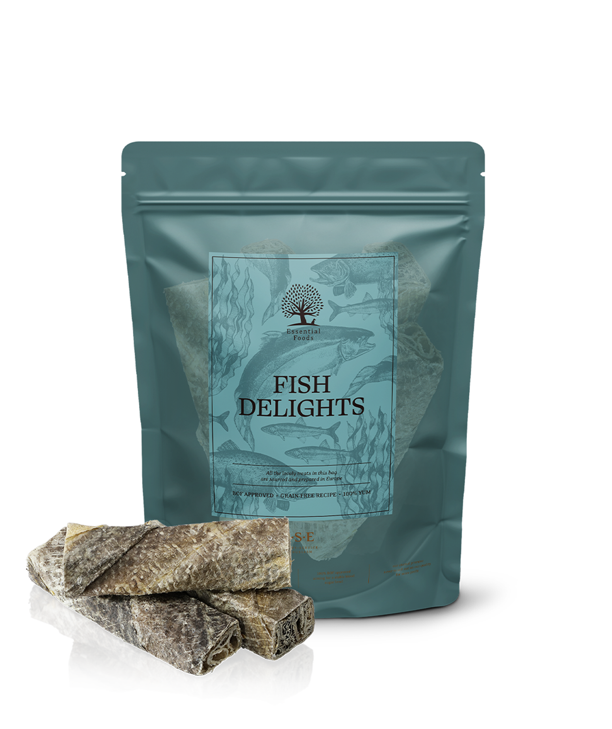ESSENTIAL Large Cod Fish Delights hondensnack van 100% gedroogde kabeljauwhuid met natuurlijke kauwstaven voor honden.