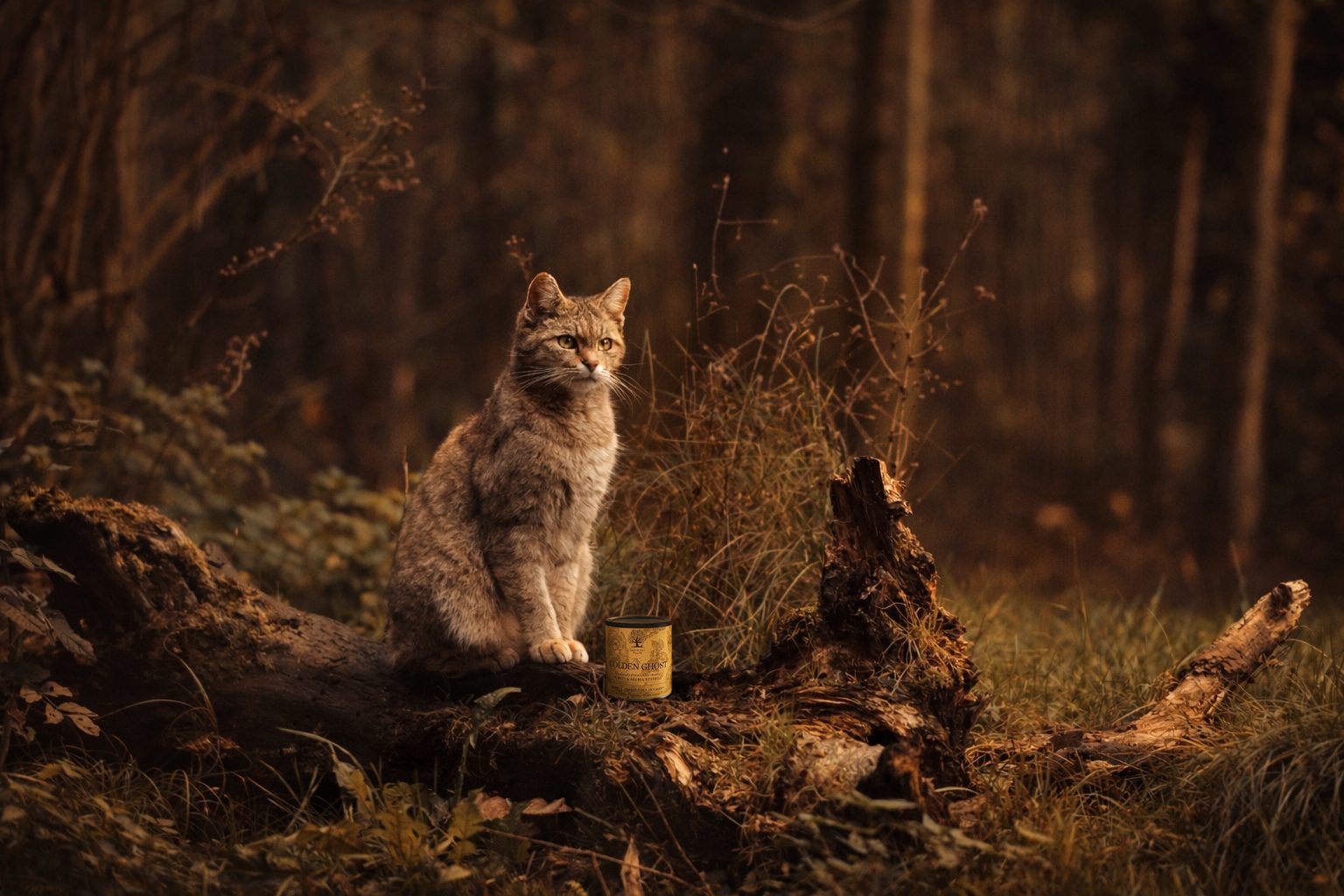 Kat op een omgevallen boomstam in het bos, naast een blik The Golden Ghost van Essential Foods