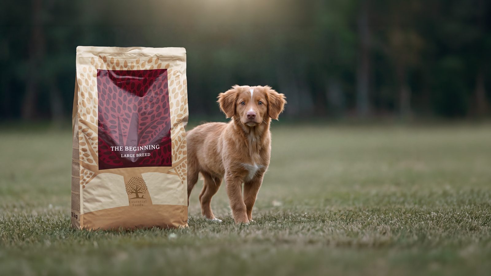 Roodbruine pup staat op het gras naast een zak The Beginning Large Breed van Essential Foods