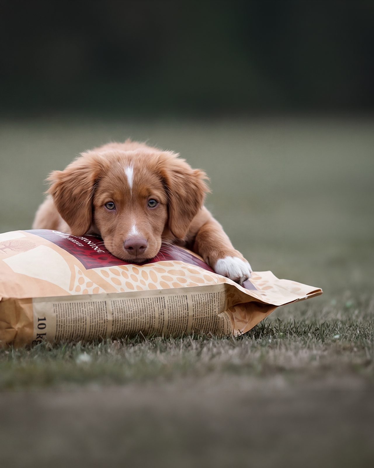 Pup ligt met de kop op een zak The Beginning Large Breed van Essential Foods, op het gras
